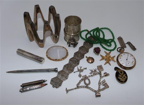 A small group of silver jewellery, pencils, napkin rings and a GP pocket watch and other jewellery etc